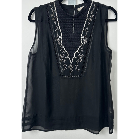hinge Tops - Womens M Hinge Black White Embroidered sleeveless Shirt Top w/ Lace Boho D52